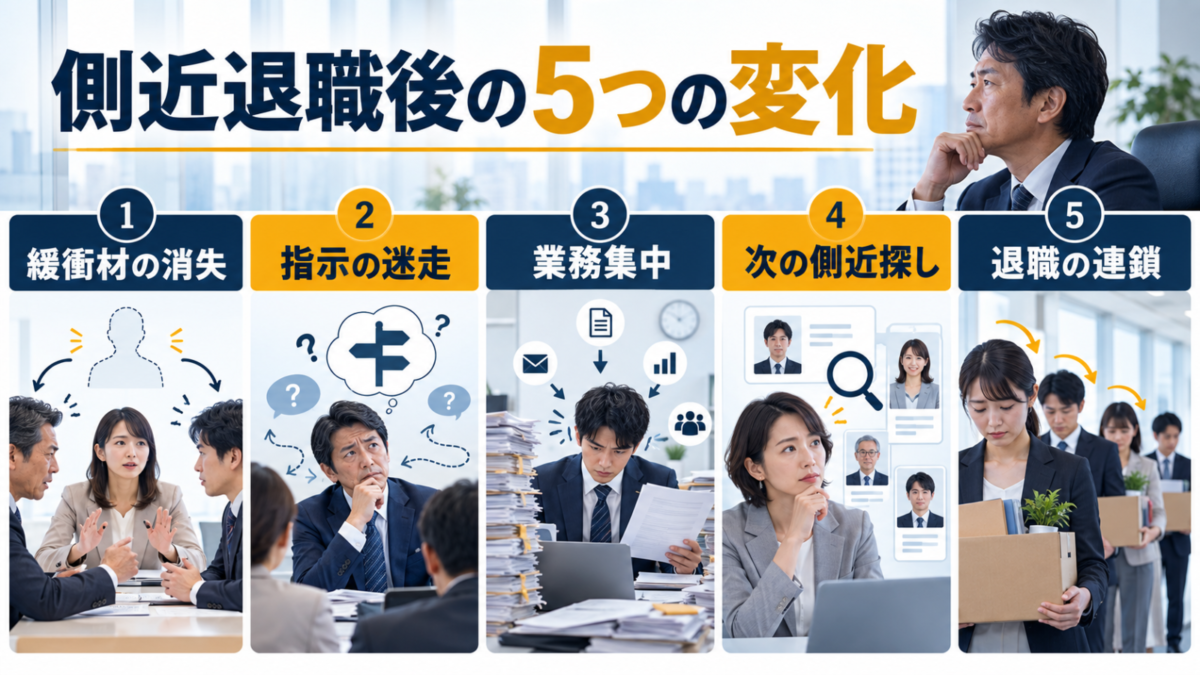 側近退職後に起きる緩衝材の消失、指示の迷走、業務集中、次の側近探し、退職の連鎖