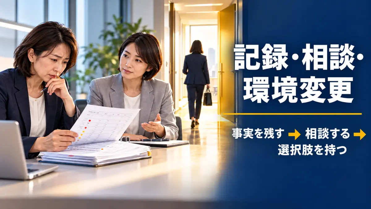職場トラブルを記録し、相談や環境変更を検討する日本人女性会社員