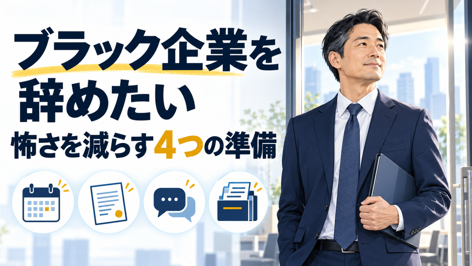 退職の不安に向き合う日本人会社員と、計画・契約・伝え方・記録を表すアイコン