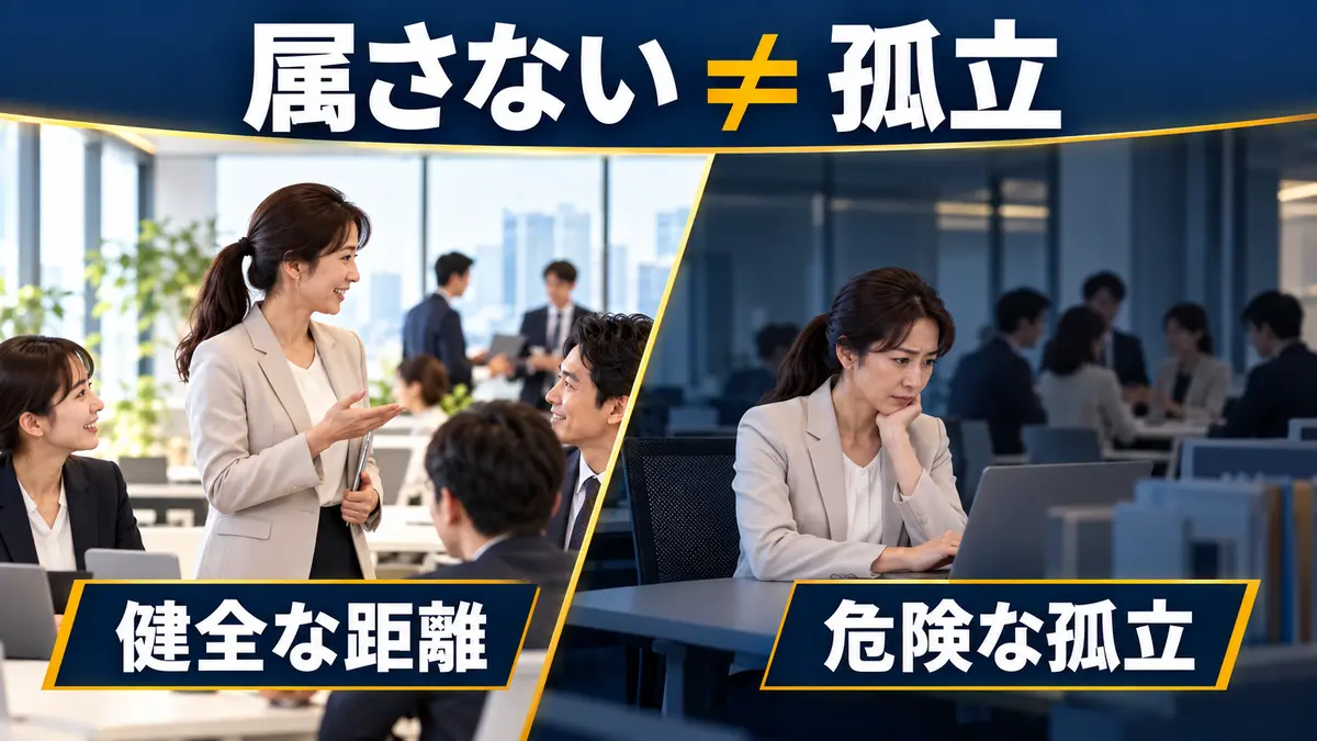 職場で健全な距離を保つ女性と、情報から孤立する女性を比較した図解