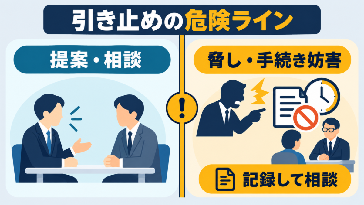 退職の引き止めが脅しや手続き妨害に変わったときの判断と相談を示す図解