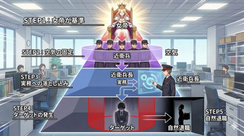 職場の女帝・お局の心理と対処法！取り巻き近衛兵の構造を完全解説：女帝・近衛兵・近衛兵長が作る「職場の構造」