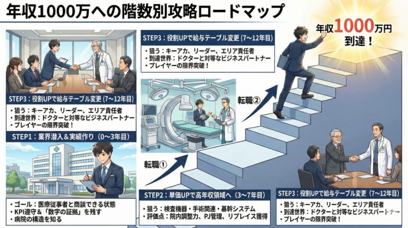 医療×営業×転職で人生大逆転：年収1000万への階数別攻略ロードマップ