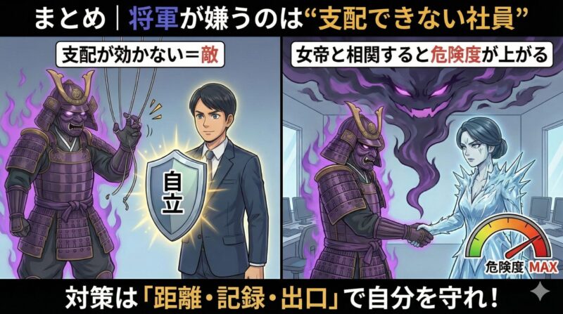 まとめ|将軍が嫌うのは“支配できない社員”。女帝と相関すると危険度が上がる