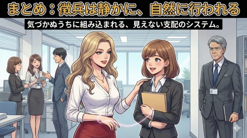 職場の女帝と若手近衛兵！徴兵される心理と仕事への悪影響：まとめ：徴兵は静かに、自然に行われる