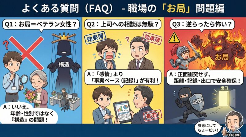職場の「お局」特徴15選！心理と対処法をブラック企業オヤジが解説：よくある質問（FAQ）