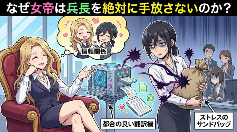 職場の女帝と近衛兵長！都合よく使われる心理と悲惨な末路：なぜ女帝は兵長を絶対に手放さないのか？