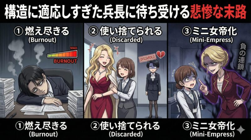 職場の女帝と近衛兵長！都合よく使われる心理と悲惨な末路：構造に適応しすぎた兵長に待ち受ける悲惨な末路