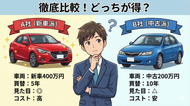 【マイカー制度】社用車と自家用車どっちが正解か？徹底比較！A社（新車）とB社（中古車）