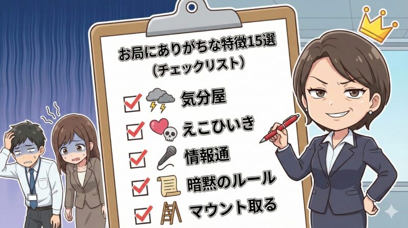 職場の「お局」特徴15選！心理と対処法をブラック企業オヤジが解説：お局にありがちな特徴15選（チェックリスト）