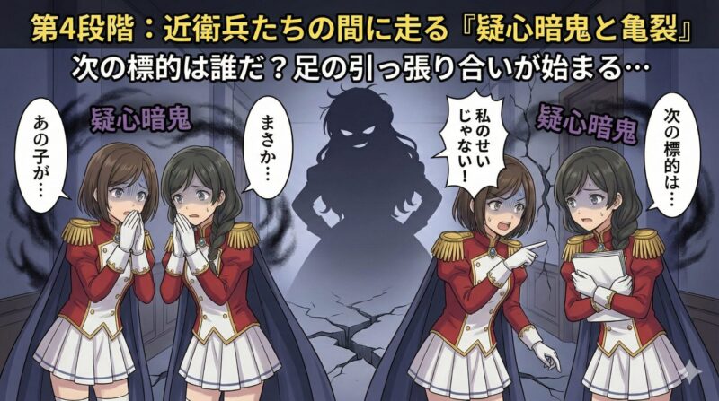 職場の女帝が有能社員を排除！いじめ退職後に起きる組織崩壊の末路：第4段階：近衛兵たちの間に走る「疑心暗鬼と亀裂」