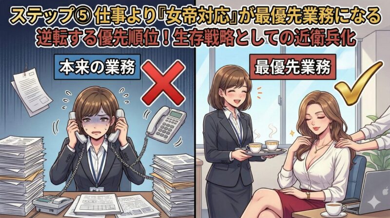 職場の女帝と若手近衛兵！徴兵される心理と仕事への悪影響：ステップ⑤ 仕事より「女帝対応」が最優先業務になる