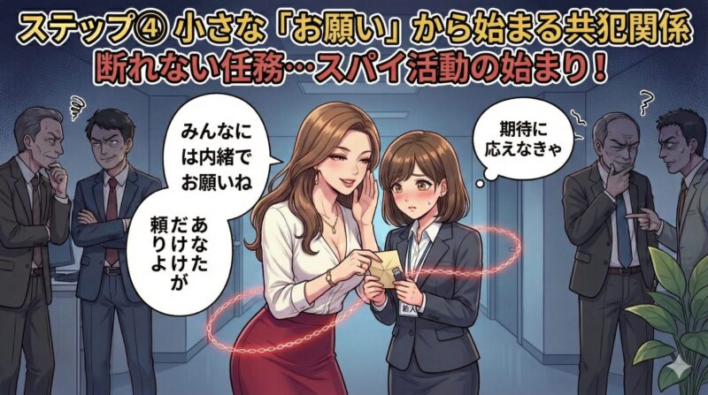 職場の女帝と若手近衛兵！徴兵される心理と仕事への悪影響：ステップ④ 小さな「お願い」から始まる共犯関係