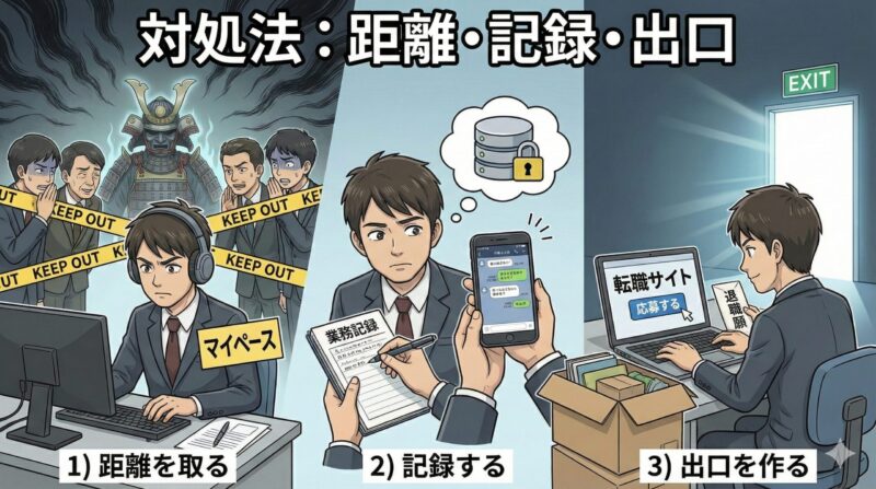 男性版お局の特徴！職場の将軍と側近が支配する構造と3つの対処法：将軍と側近への対処法（結論：距離・記録・出口）