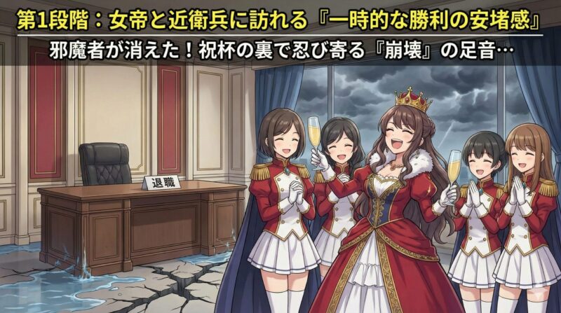 職場の女帝が有能社員を排除！いじめ退職後に起きる組織崩壊の末路：第1段階：女帝と近衛兵に訪れる「一時的な勝利の安堵感」