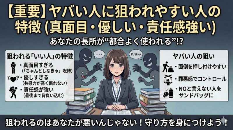 【重要】ヤバい人に狙われやすい人の特徴(真面目・優しい・責任感強い)