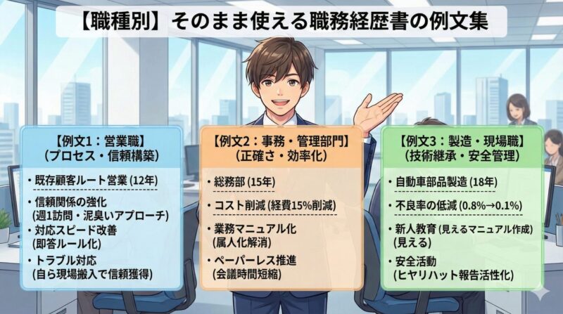 職務経歴書の内容と書き方はこれ!職歴なしでも書ける完全版:【職種別】例文集