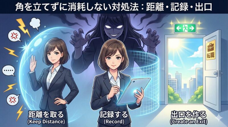 職場の「お局」特徴15選！心理と対処法をブラック企業オヤジが解説：角を立てずに消耗しない対処法（結論：距離・記録・出口）