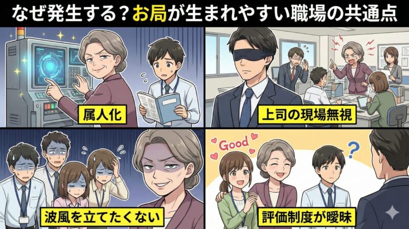 職場の「お局」特徴15選！心理と対処法をブラック企業オヤジが解説：なぜ発生する？お局が生まれやすい職場の共通点