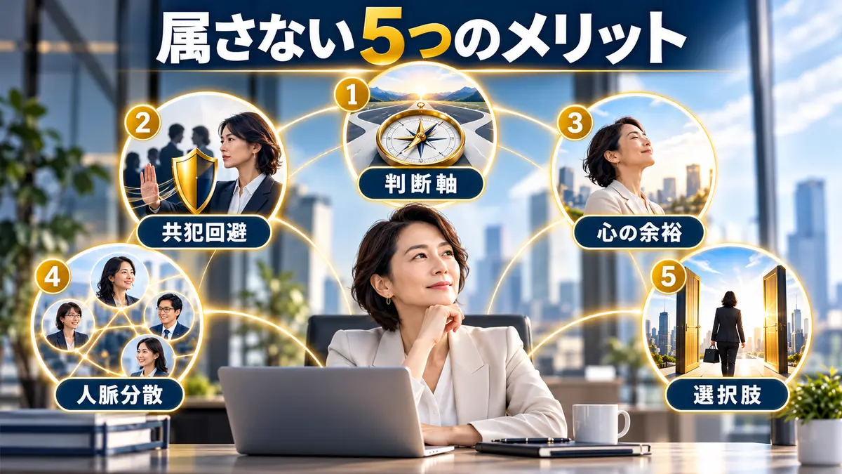 女帝グループに属さない5つのメリットを示す40代女性会社員の図解