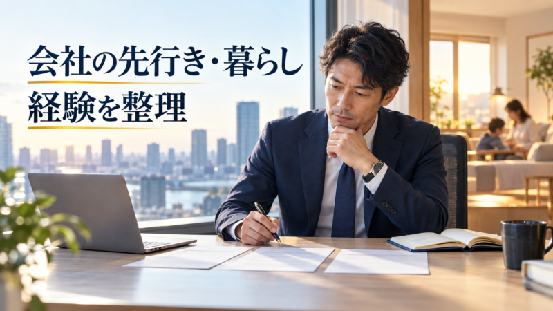 資料と手帳を見ながら、会社の先行き・暮らし・経験を整理する40代の日本人会社員