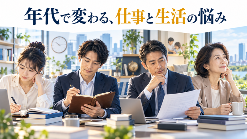 20代から50代の日本人会社員を描いた、年代ごとの仕事と生活の悩みを考えるイラスト
