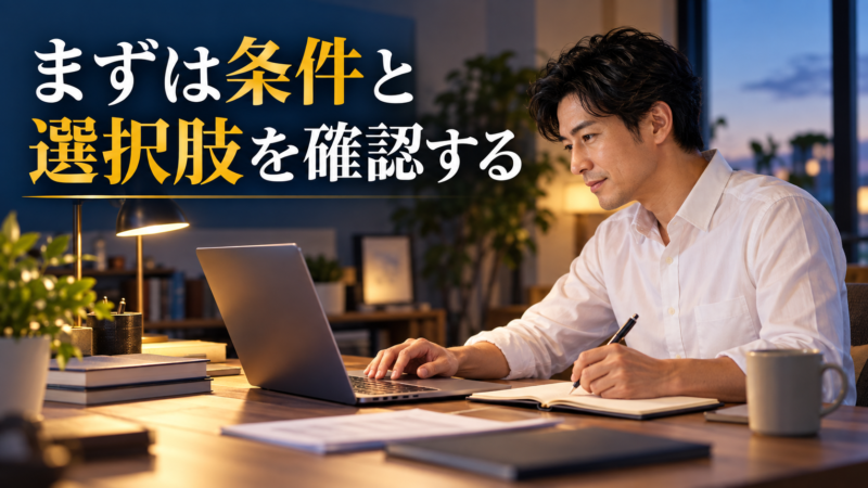 自宅の机で求人を調べ、転職の希望条件を書き出す40代の日本人会社員