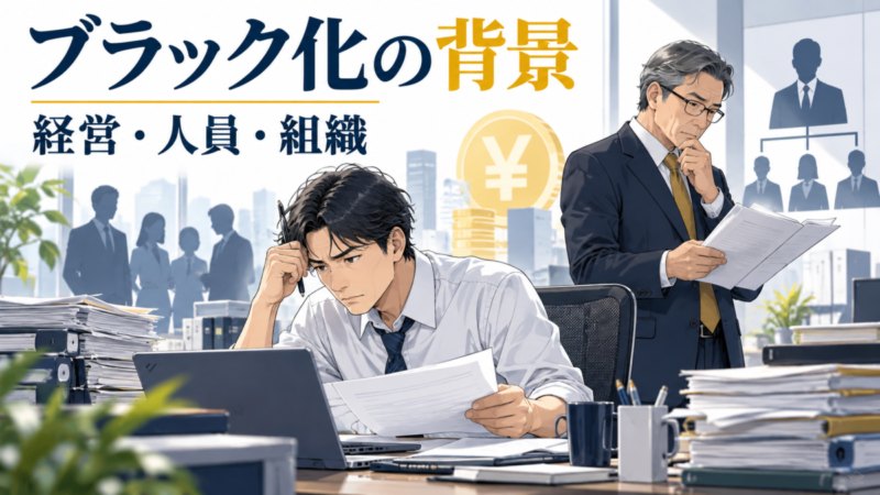 経営資料を確認する管理者と業務に追われる社員を描き、ブラック化の経営・人員・組織面を示すイラスト