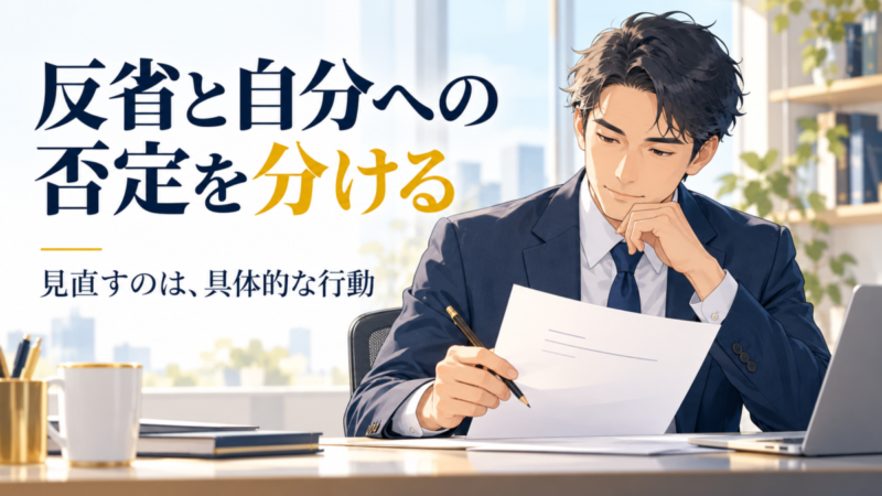 提案書を見直す日本人の会社員と、反省では具体的な行動を見直すことを示す説明
