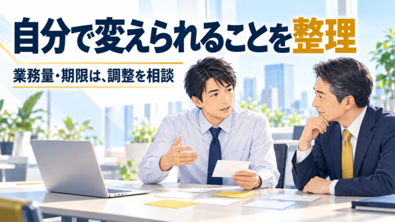 業務量と期限の調整を上司に相談し、自分で変えられることを整理する日本人の会社員