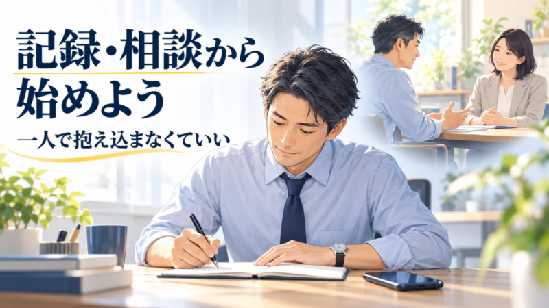 業務の状況を記録する日本人の会社員と、相談相手に話して一人で抱え込まない姿