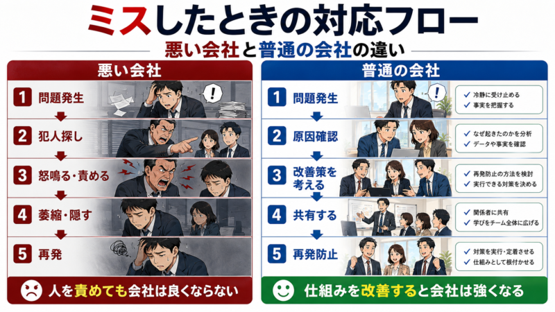 ミス発生時の悪い会社と普通の会社の対応フロー比較