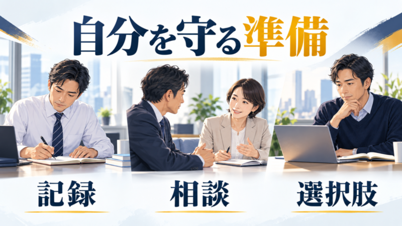 日本人会社員が事実を記録し、相談員と話し、パソコンで次の選択肢を調べる3場面のイラスト