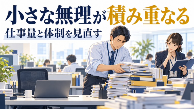 空席のある職場で書類を抱える社員と同僚を描き、仕事量と体制の見直しを促すイラスト