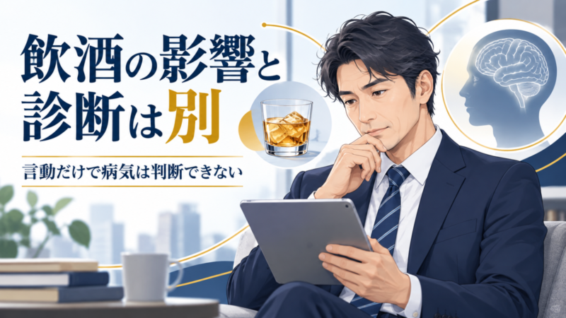 飲酒の影響と病気の診断を区別する説明を、会社員と酒・脳の象徴で表したイラスト