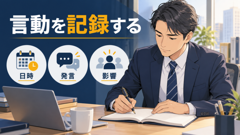 日時・発言・影響の3項目を示し、職場の出来事をノートに記録する日本人会社員