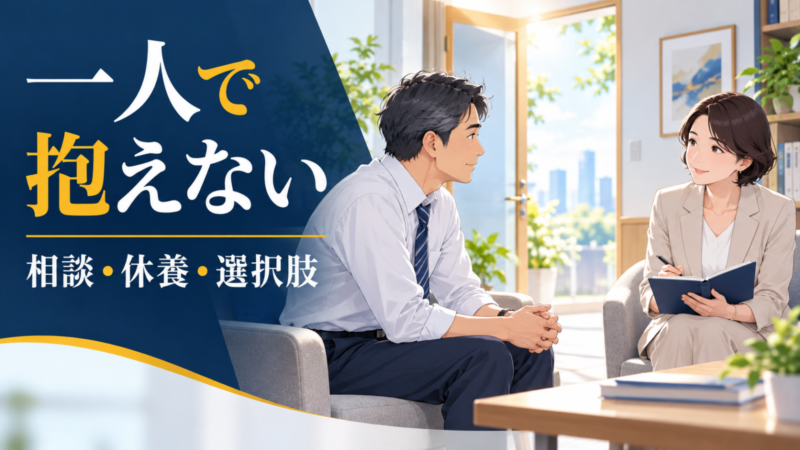 女性の相談担当者に話す日本人会社員と、相談・休養・選択肢を示す見出し
