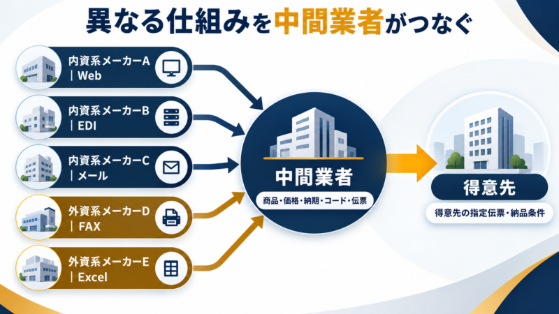 複数の内資系・外資系メーカーのWeb、EDI、メール、FAX、Excel発注を中間業者がまとめる図