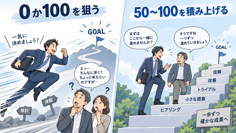 一気に成果を狙う営業と、顧客と一歩ずつ関係を積み上げる営業の比較