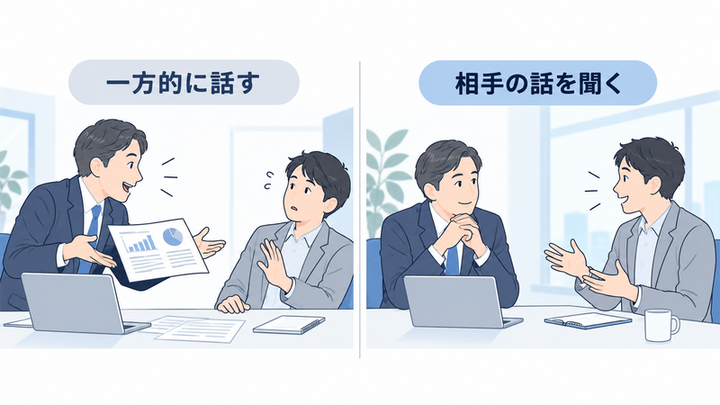 一方的に説明する営業と、顧客の話を落ち着いて聞く営業の比較