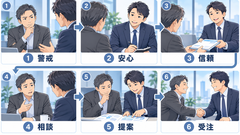 警戒から安心、信頼、相談、提案、受注へと関係が育つ6つの場面