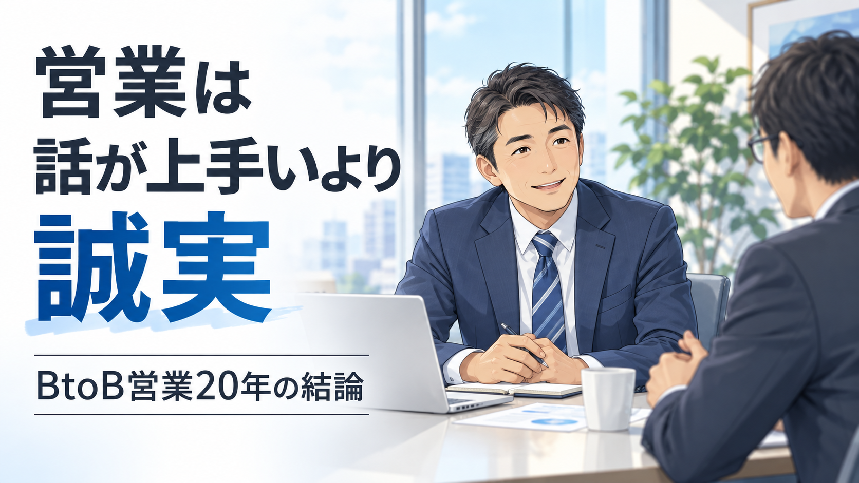 取引先の担当者と落ち着いて向き合い、話を聞く40代の男性営業