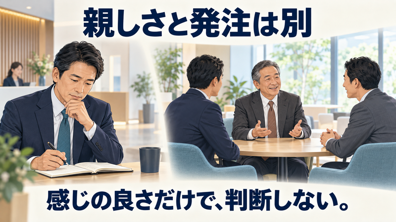 複数の営業担当者に分け隔てなく笑顔で接する顧客と、商談後に考える営業担当者