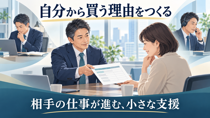 顧客の社内説明に使う比較資料を整え、導入後の相談にも対応する40代の営業担当者