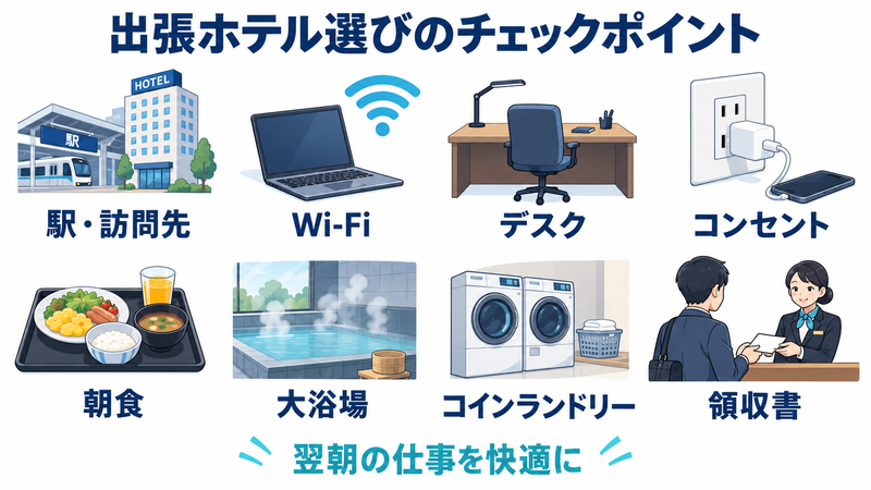 駅へのアクセスやWi-Fi、デスク、朝食など出張ホテルの確認項目