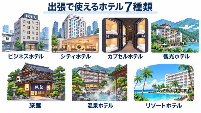 ビジネスホテルからリゾートホテルまで7種類の宿泊施設のイメージ