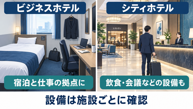 ビジネスホテルの客室とシティホテルのロビーを対比したイラスト