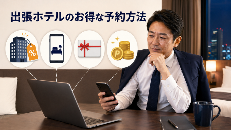 出張ホテルのお得な予約方法を比較する40代の男性営業職