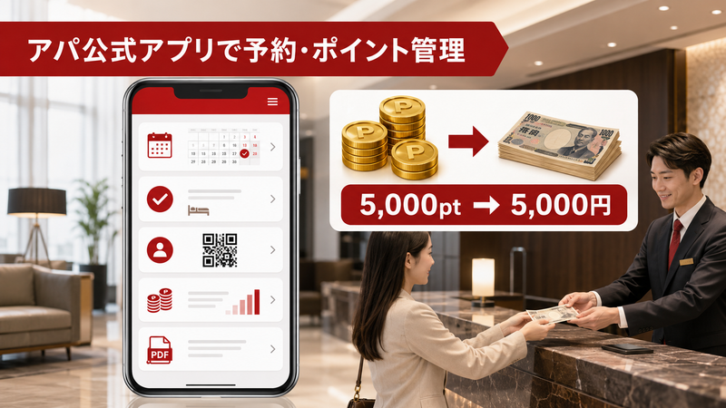 アパ公式アプリでホテル予約とポイントを管理し5,000ポイントを5,000円に