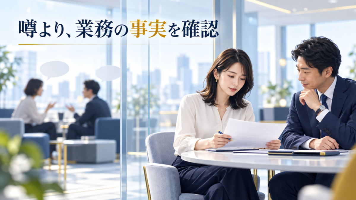噂話から距離を取り、上司と書類を見ながら業務の事実を確認する社員